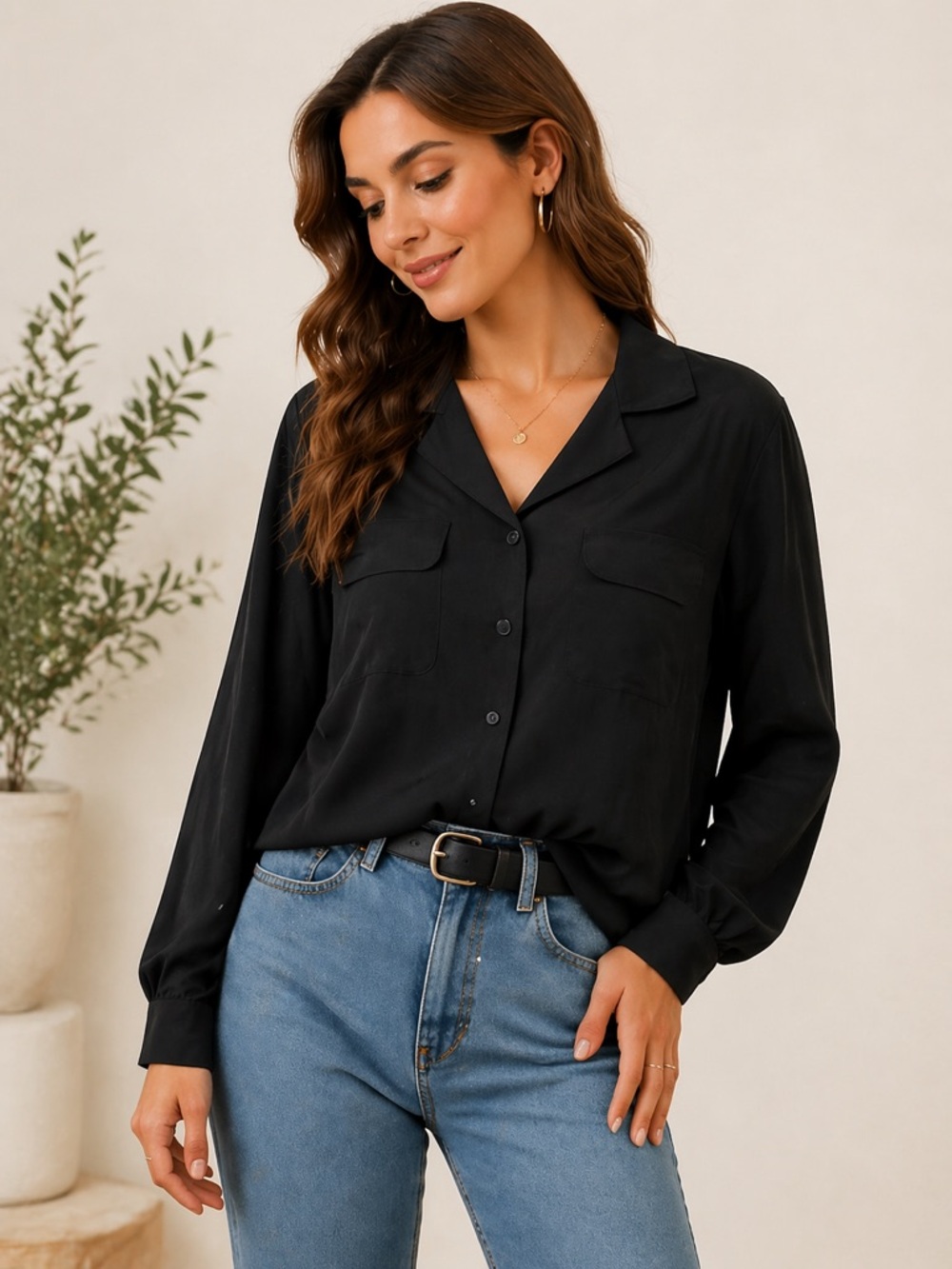 Classic Black Button-Front Women's Blouse